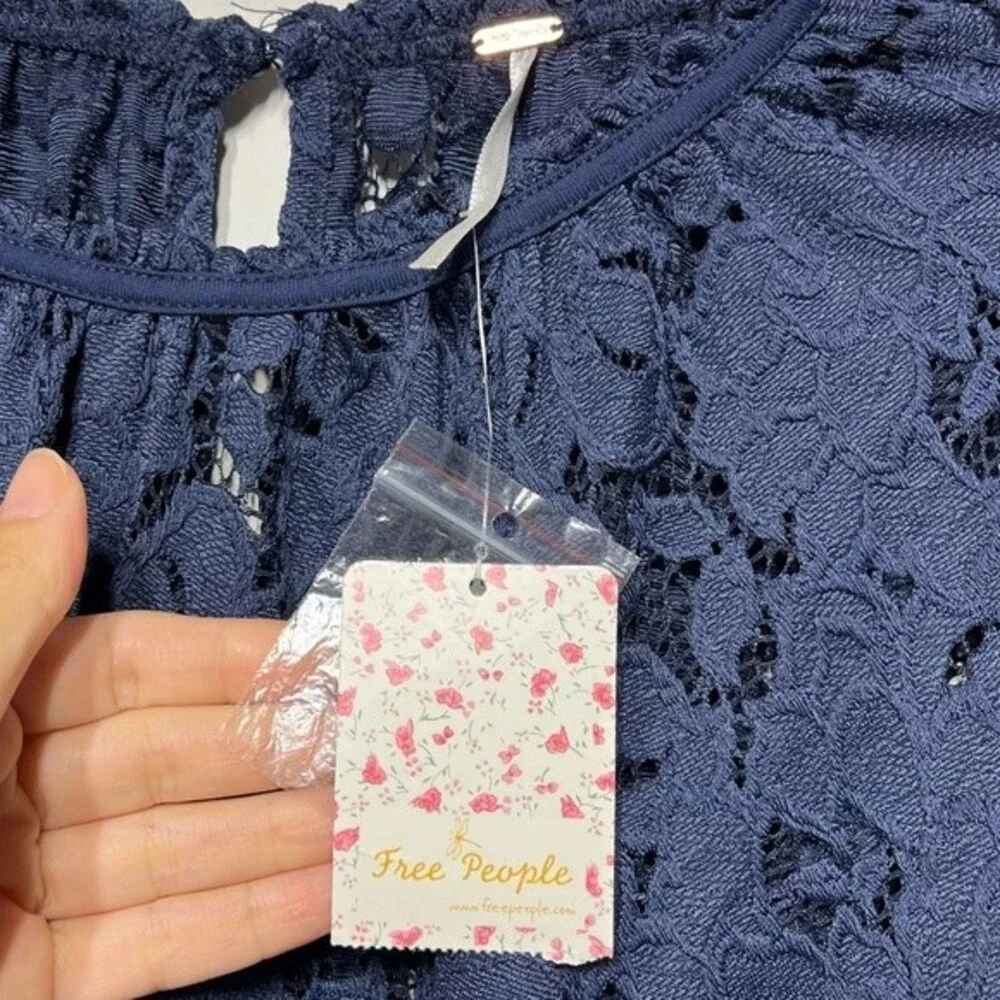 Free People Olivia Lace Tee in Navy M NWT